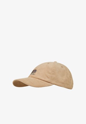 Beige Cord-Baseballkappe mit gebogenem Schirm und kleinem besticktem Logo vorne links.