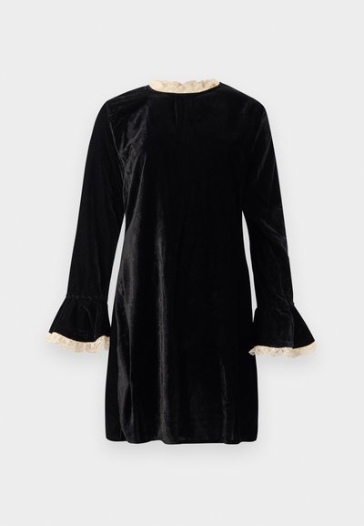 Black velvet dress with long sleeves, flared cuffs featuring cream lace trim, and a round neckline. Smooth texture with a knee-length hem.