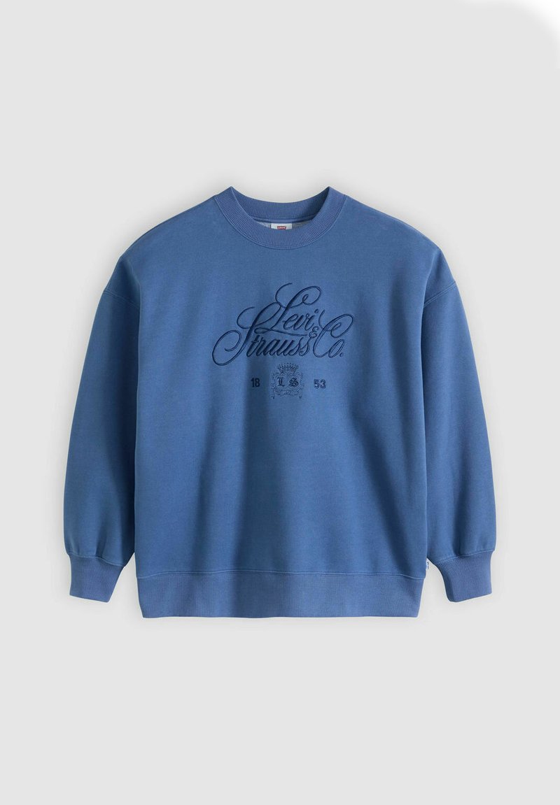 Sweat-shirt bleu à col rond avec "Levi Strauss & Co." brodé en cursive et "1853" en dessous, avec des poignets et un ourlet côtelés.