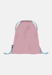 Stahovací taška z jemné růžové tkaniny se světle modrými šňůrkami. Hladký povrch s nařaseným vrškem a malým štítkem na boku.