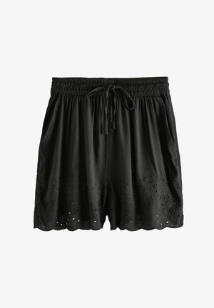 Schwarze Baumwollshorts mit einem elastischen Bund und einer Kordel. Verfügt über bestickte Blumenmuster und Lochmuster am Saum.