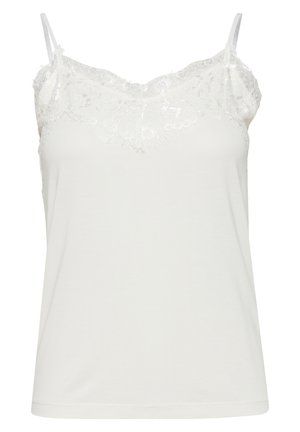 White sleeveless camisole with lace trim along the neckline and thin adjustable shoulder straps.