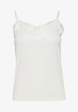 Balta be rankovių kamzoliukas su nėriniu apykaklėje ir plonomis reguliuojamomis petnešėlėmis.