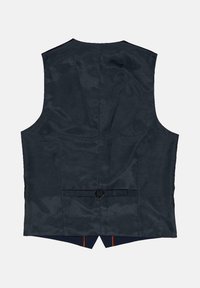 Marineblaues Weste aus glattem Stoff, mit einem Gürteldetail am Rücken und scharf geschnittenen Armlöchern. Kein Kragen oder Knöpfe, mit schlichtem Design.