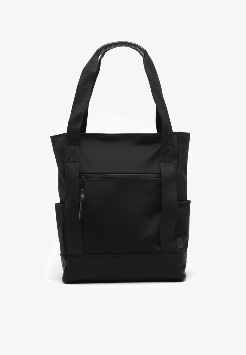 Bolso tote negro hecho de un material liso y duradero. Presenta dos asas superiores, un bolsillo con cremallera en la parte frontal y bolsillos laterales para almacenamiento adicional.