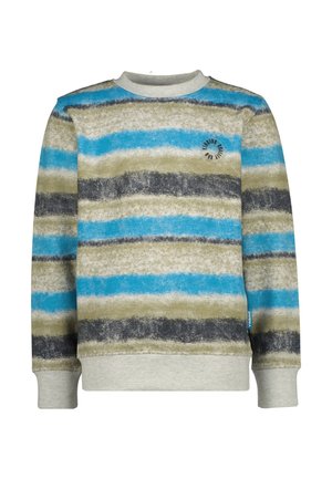 Felpa multicolore con righe orizzontali in tonalità di blu, verde e grigio. Presenta un girocollo e polsini in grigio chiaro. Dettaglio logo sul petto.