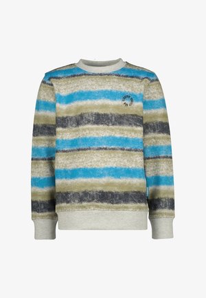 Felpa multicolore con righe orizzontali in tonalità di blu, verde e grigio. Presenta un girocollo e polsini in grigio chiaro. Dettaglio logo sul petto.