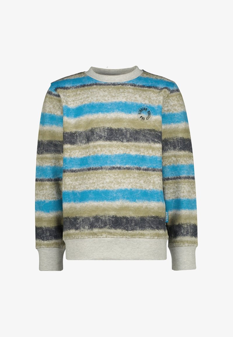 Sweat-shirt multicolore avec des rayures horizontales dans des tons de bleu, vert et gris. Présente un col rond et des poignets gris clair. Détail logo sur la poitrine.