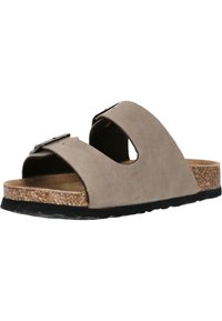 Beige Wildledersandale mit zwei breiten Riemen, einem Korkfußbett und einer schwarzen Gummisohle mit strukturiertem Profil. Verstellbare Schnallenakzente.