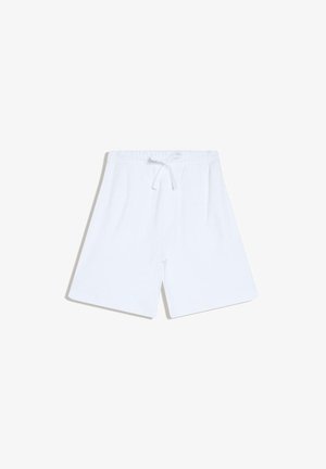 Shorts blancs jusqu'aux genoux avec une taille élastique et un cordon de serrage, posés à plat sur un fond blanc.
