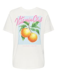 Weißes T-Shirt mit einer Grafik von zwei Orangen an einem Zweig mit grünen Blättern, "Vitamin Club" in rosa Schrift und dem Text "California Malibu" darunter.