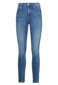 Blå denimjeans med smal passform, hög midja och klassisk femficksdesign. Har knappstängning och subtilt blekningsmönster.