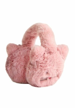 Suaves orejeras rosas esponjosas con forma de gata dormida con orejas, bigotes bordados y una pequeña nariz sobre fondo blanco.