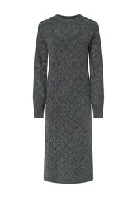 Robe en tricot gris avec un motif en diamant texturé, encolure ronde et manches longues, présentant des accents côtelés aux poignets et à l'ourlet.