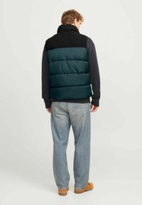 Gilet imbottito con collare nero, corpo verde acqua e maniche blu navy. Presenta un motivo a righe orizzontali, orlo a coste e jeans dritti casual.