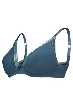 Ciemnozielony bezprzewodowy stanik z miękkiego materiału, formowanymi miseczkami, regulowanymi ramiączkami, falbaniastym wykończeniem oraz zapięciem na suwak z przodu.