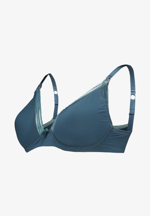 Reggiseno wireless di un verde scuro, caratterizzato da un tessuto morbido, coppe sagomate, spalline regolabili, bordo ondulato e chiusura con zip frontale.