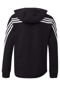 Felpa nera con cappuccio e righe bianche sulle spalle. Realizzata in tessuto morbido, con maniche lunghe e orlo arrotondato.