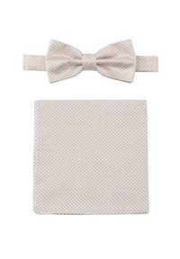 Beige gemusterte Fliege mit einem passenden Einstecktuch, beide aus strukturiertem Stoff mit einem geometrischen Design.