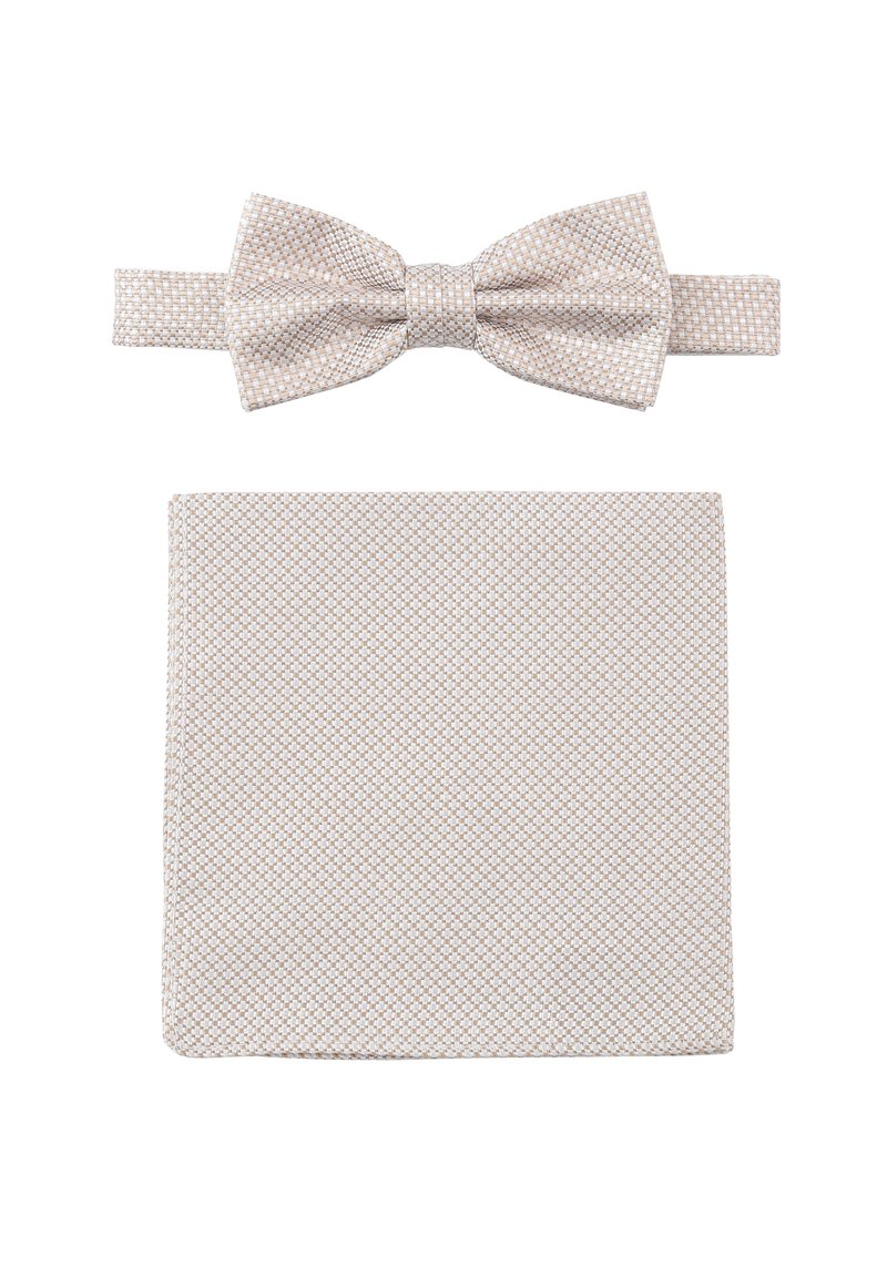 Beige gemusterte Fliege mit einem passenden Einstecktuch, beide aus strukturiertem Stoff mit einem geometrischen Design.