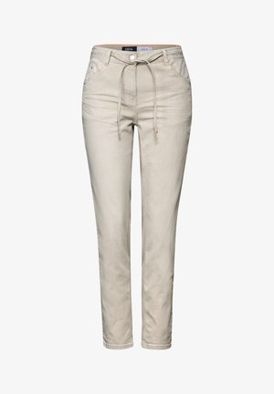 Valaat beige-raitoisia housuja, joissa on naruvyötärö, etutaskut ja oranssit yksityiskohdat. Slim fit -malli, jossa on sileä rakenne.