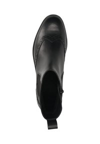 Schwarze Leder-Ankle-Boots mit Broguedetails, elastischen Seiteneinsätzen, einem Zugriemen an der Ferse und einem Reißverschluss an der Seite.