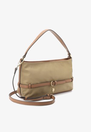 Hellbraune rechteckige Handtasche mit verstellbarem Trageriemen, goldener Schnalle und kleinem Pferd-und-Reiter-Logo auf der Vorderseite.