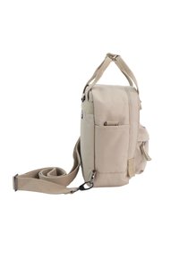 Beige messenger bag made of durable fabric. Rectangular shape with adjustable strap, top handle, zip closure, and side pockets.
