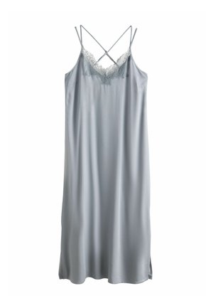 Light gray satin slip dress with lace trim along V-neckline and thin crisscross shoulder straps, loose fit and side slits.