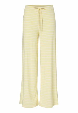 Kerged helekollased püksid, millel on valged horisontaalsed triibud, seotud vöökoht ja pehme materjal mugavuse tagamiseks.