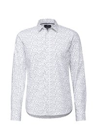 Bílé dlouhé rukávy košile s límečkem na knoflíky, s opakujícím se černým abstraktním vzorem po celém povrchu. Vyrobeno z lehkého materiálu.