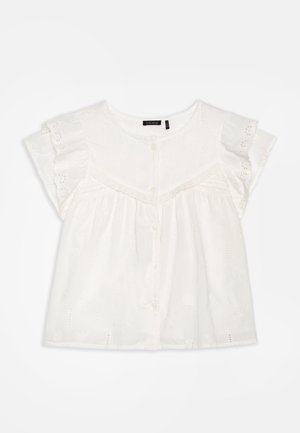 Blusa de algodón blanca con mangas cortas tipo volante, diseño voluminoso, patrones florales bordados y cierre frontal de botones.