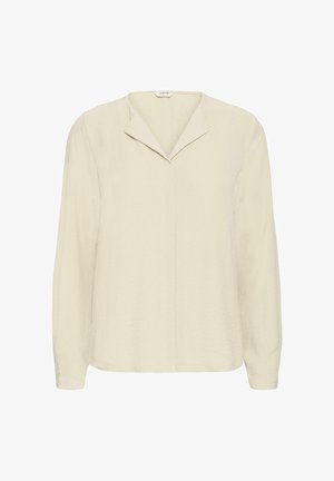 Bež pikasleeve blouse V-kujulise kraega, tekstuuriga kangast ja sirge lõikega. Omab nööpidega varrukaotsikuid ja õrnalt läikivat pinnaset.