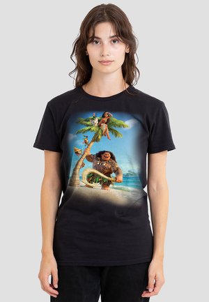 Schwarzes Baumwoll-T-Shirt mit buntem Grafikdruck von Charakteren, Palmen, Wasser und Strand-Hintergrund. Lässige Passform, kurze Ärmel.