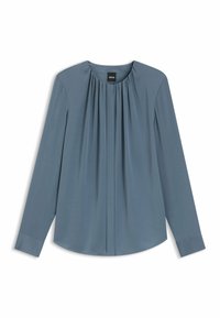 Lange mouwen blouse van zacht, lichtblauw stof. Kenmerkt plooien bij de halslijn en een ronde zoom. Draagknopen bij de mouwen en een eenvoudig, elegant ontwerp.