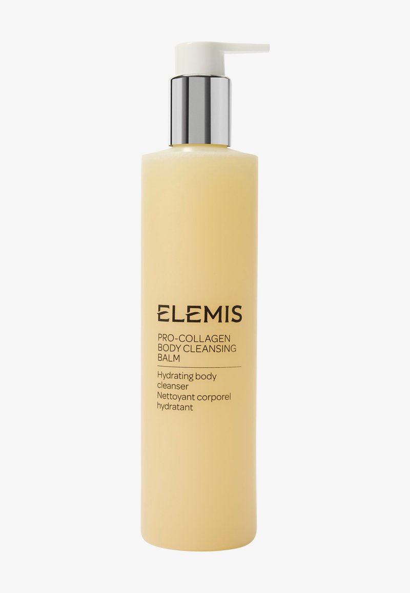 Flacon jaune d'Elemis Pro-Collagen Baume Nettoyant Corps avec distributeur à pompe blanc pour nettoyant corporel hydratant.