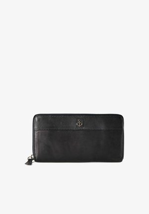 Black leather wallet with a zip closure, featuring a small anchor emblem and smooth texture, rectangular shape, and stitched edges.