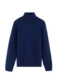 Maglione a collo alto blu navy in tessuto morbido, con vestibilità comoda, maniche lunghe e dettagli a coste sul colletto e sui polsini.