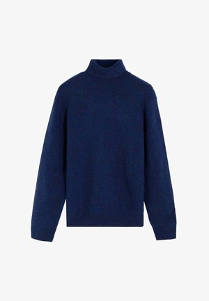 Jersey de cuello alto azul marino hecho de tela suave, con un ajuste relajado, mangas largas y detalles acanalados en el cuello y los puños.