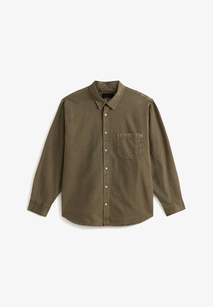 Oliwkowa, długosleeve koszula zapinana na guziki z kołnierzykiem, przednią kieszenią i fakturowanym materiałem. Zawiera białe guziki i zaokrąglony dół.