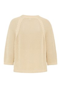 Beige striktrøje med lange ærmer og et tekstureret, åbent vævemønster, vist bagfra på en hvid baggrund.