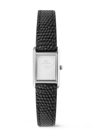 Reloj rectangular de plata con esfera blanca, marcadores minimalistas y correa de cuero negro con textura.