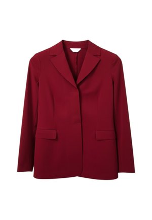 Blazer da donna di colore rosso scuro con rever a lancia, maniche lunghe e due tasche frontali con aletta.