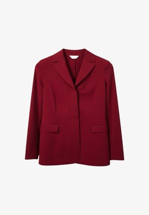Blazer da donna di colore rosso scuro con rever a lancia, maniche lunghe e due tasche frontali con aletta.