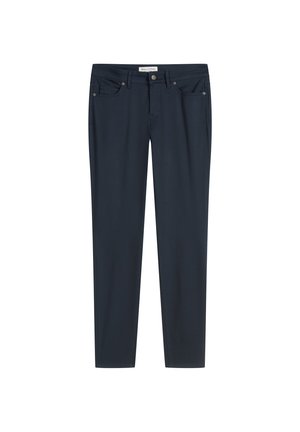 Navyblaue Slim-Fit-Hosen aus weichem Stoff, mit Knopfverschluss, Fünf-Taschen-Design und sauberen Nähten.