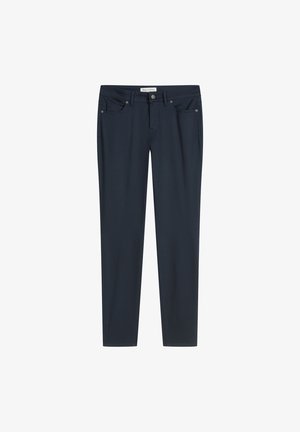 Marineblauwe slim-fit broek van zachte stof, met een knoopsluiting, vijf-pocket ontwerp en nette stikdetails.