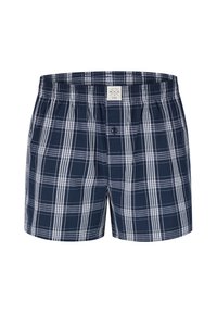 Marinblå kalsonger med ett rutmönster i vitt och ljusblått. Elastisk midja med knappstängning. Lättviktsmaterial.