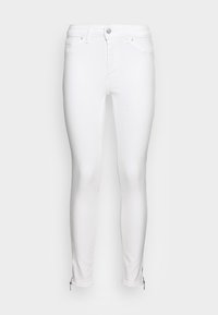 Jeans blancos ajustados con una suave mezcla de algodón, que presentan una cremallera frontal, cinco bolsillos y detalles de cremallera en los tobillos.