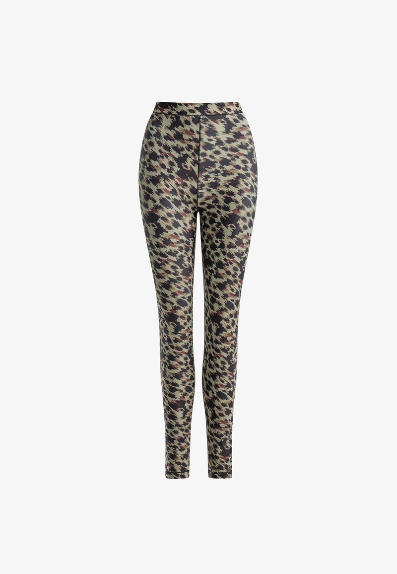 Korkeavyöhykkeiset leggingit monivärisessä, abstrahoidussa kamppailumallissa. Ominaisuuksiin kuuluu tiukka muotoilu sileällä, joustavalla kankaan viimeistelyllä.