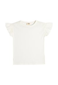 Hvid kortærmet t-shirt med frynsede skulderdetaljer, rund halsudskæring, lavet af blødt bomuld, med enkle, rene linjer og uden grafik.
